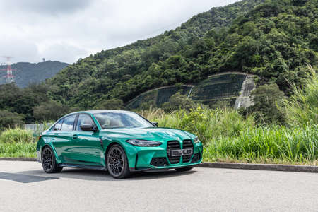 Hong Kong, China June 24, 2021 : XPeng P7 EV Wheel June 24 2021 in Hong Kong.のeditorial素材