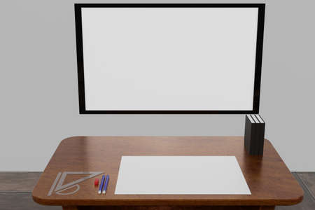 3D Rendering Of Office, White Board, Books, Blank Paper and Rules . Good For Presentation,...