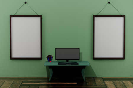 3D Rendering Of Office, Two Blank Figures and Computer . Good For Placing Photos, background, mock...