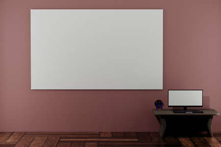 3D Rendering Of blank white board, blank monitor and floor wooden texture. Good For background, mock up item and advertisement product.の写真素材