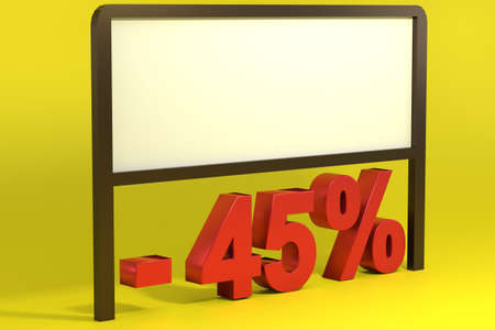 3d rendering of Forty Five Percent, yellow background and blank white. perfect for discount product, background, presentation, add picture, advertisement product and mock up object.の写真素材