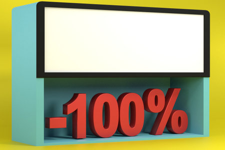 3d rendering of One Hundred  Percent, yellow background and blank Box White. perfect for discount product, background, presentation, add picture, advertisement product and mock up object.の写真素材