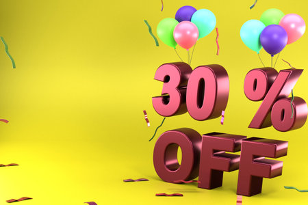 3d rendering of Thirty Percent Off, Different Ballon Color and Yellow Theme. perfect for background, presentation, Price, add picture, advertisement product and mock up object.の写真素材