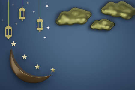 3D Rendering Of Lampion, Star, Moon, Cloud and Blue Wall. Perfect For Background, Advertisement, Celebration, Discount, add Text, Template and Mock Up Object.の写真素材