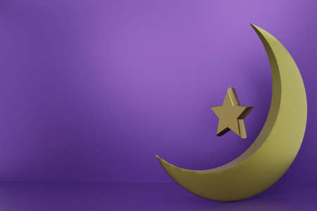 3D Rendering Of Star, Moon and Purple Wall. Perfect For Background, Advertisement, Celebration, Discount, add Text, Template and Mock Up Object.の写真素材