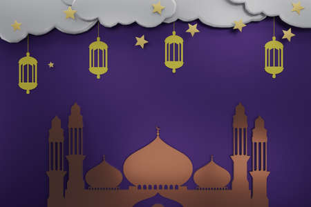 3D Rendering Of Mosque, Star, Cloud, Lampion and Ramadhan Theme. Perfect For Background, Advertisement, Celebration, Discount, add Text, Template and Mock Up Object.の写真素材
