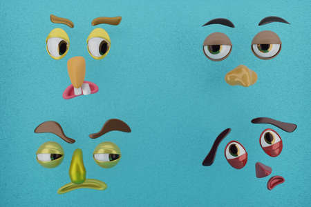 3d rendering of Four Face Expression, Blue Wall and Unique Face . Perfect for background, presentation, Wallpaper, animation, advertisement 
product and mock up object.の写真素材