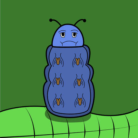 Vector Of Blue Sad Caterpillar and Green Leaf Background. Perfect For Color Learning, background, presentation, Knowledge, Education, advertisement product and mock up.のイラスト素材