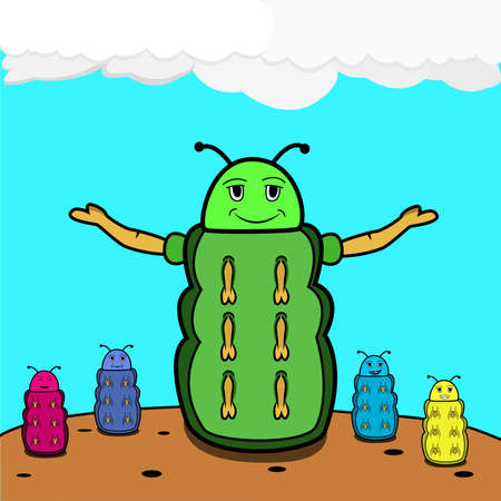 Vector Of Mascot Caterpillar Farmer and Field Background. Perfect For Logo, Knowledge Kids, Learn Coloring  Store, Advertisement and Paintingのイラスト素材