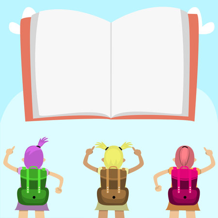 Vector Illustration of Blank Big Book and Three Student for Come Back School, Sky Backgroundのイラスト素材