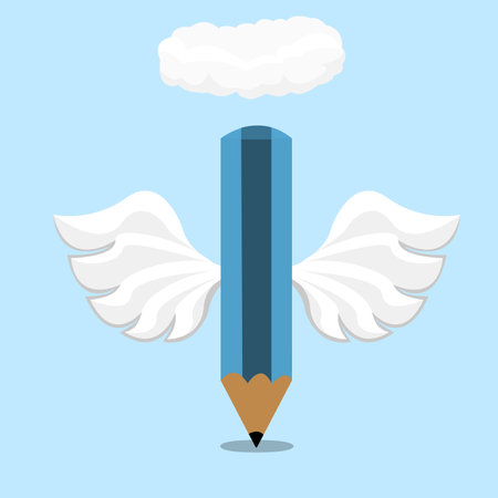 Vector Illustration of Wings Pencil, Cloud and Blue Color Background.のイラスト素材