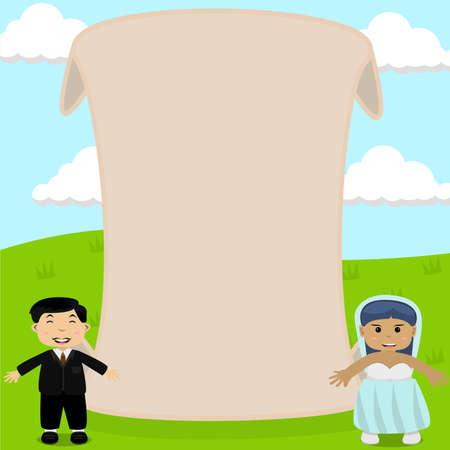 Vector Illustration Of Couple Wedding Template in Field and Sky Color Background.のイラスト素材