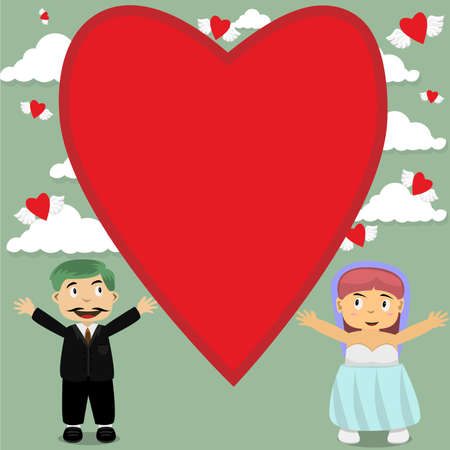 Vector Illustration Of Couple On Wedding Love Template, Big Love, and Sky Background.のイラスト素材