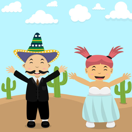 Vector Illustration of Fashion Mexico Wedding and Field Color Backgroundのイラスト素材
