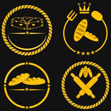 Vector Illustration of Four Emblem or Logo theme Food, Yellow, Gold and Black Colors Background.のイラスト素材