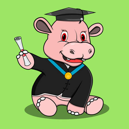 Character Hippopotamus With Graduation Custom, Green Colors Background, Mascot, Icon, Character or Logo, Vector and Illustration.のイラスト素材