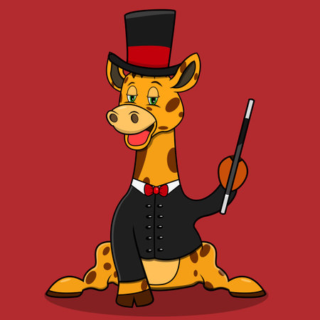Character Giraffe With Magician Custom and Relax Expression, Red Colors Background, Mascot, Icon, Character  Vector and Illustration.のイラスト素材