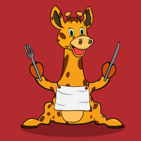 Character Giraffe Ready For Eat, Red Colors Background, Mascot, Icon, Character Vector and Illustration.のイラスト素材