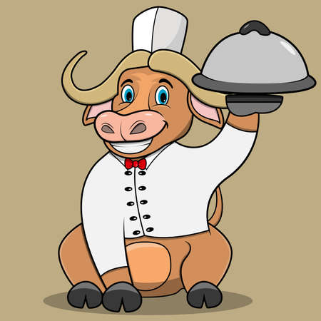 Character Bufallo Bring Food and Chef Custom, Light Brown Colors Background, Mascot, Icon, Character or Logo, Vector and Illustration.のイラスト素材