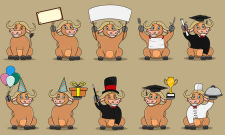 Ten Model Character Bufallo For Illustration, Light Brown Colors Background, Mascot, Icon, Character or Logo, Vector and Illustration.のイラスト素材