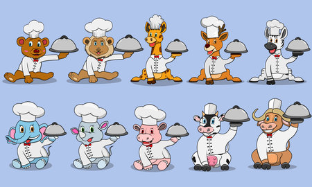 Ten Animals Character With Bring Food and Wear Chef Custom, Colors Background, Mascot, Icon, Character , Vector and Illustration.のイラスト素材