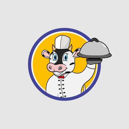 Cow Head Circle Label With Food and Chef Custom, Yellow Colors Background, Mascot, Icon, Character  , Vector and Illustration.のイラスト素材