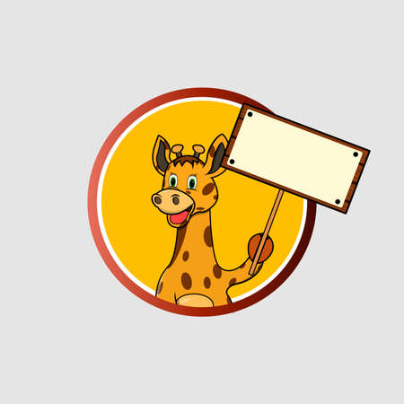 Giraffe Head Circle Label Bring Blank White Sign Wood , Yellow Colors Background, Mascot, Icon, Character or Logo, Vector and Illustration.のイラスト素材