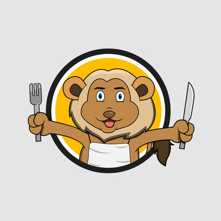 Lion Head Circle Label With Fork and Knife , Yellow Colors Background, Mascot, Icon, Character or Logo, Vector and Illustration.のイラスト素材