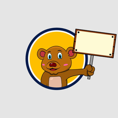 Bear Head Circle Label With Blank Sign Wood, Yellow Colors Background, Mascot, Icon, Character or Logo, Vector and Illustration.のイラスト素材