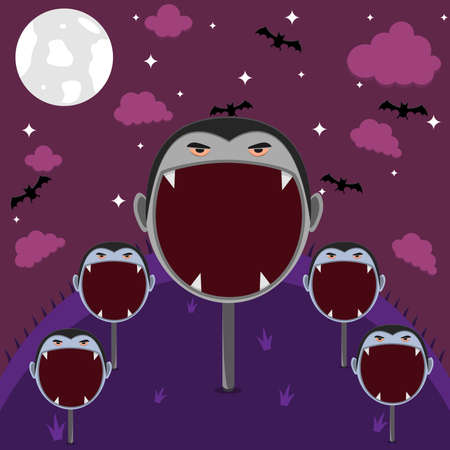 Halloween Character Head Design. Dracula Character in Field and On Night. Vector And Illustrationのイラスト素材
