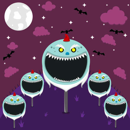 Halloween Character Head Design. Creepy Gnome Character in Field and On Night. Vector And Illustrationのイラスト素材