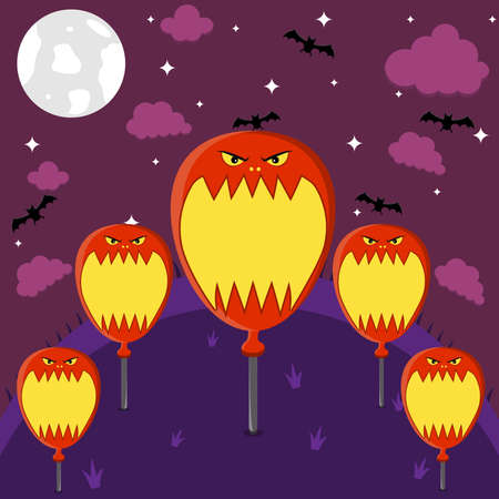 Halloween Character Head Design. Balloon Character in Field and On Night. Vector And Illustrationのイラスト素材