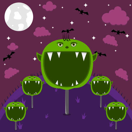 Halloween Character Head Design. Goblin Character in Field and On Night. Vector And Illustration