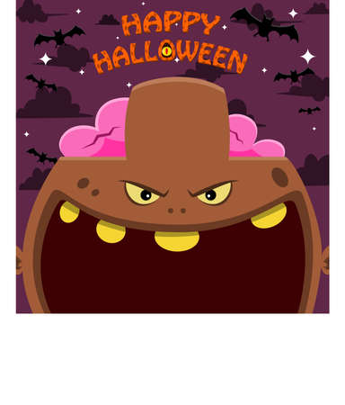 Halloween Character Design. With Brown Zombie Character. Big Face and Open Mouth. In Gravefield. Vector And Illustrationのイラスト素材