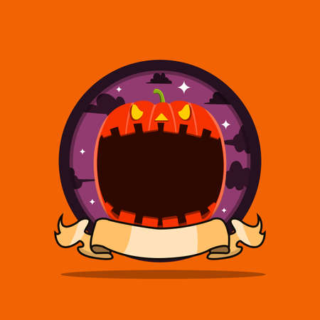 Vintage Monster Head Circle Label With Pumpkin Design. Vector and illusttrationのイラスト素材