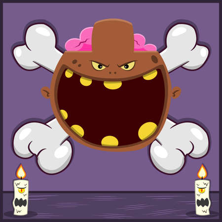 Halloween Character Design With Brown Zombie Head. On Skull and Candles. Vector and Illustrationのイラスト素材
