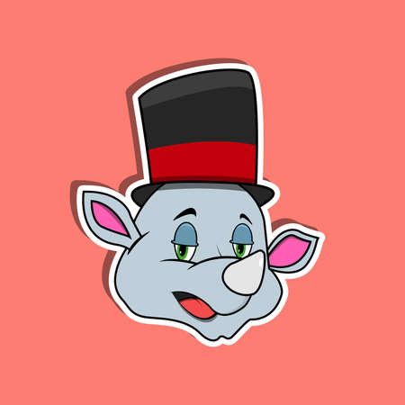 Animal Face Sticker With Rhinoceros Wearing Circus Hat. Character Design. Vector and Illustrationのイラスト素材