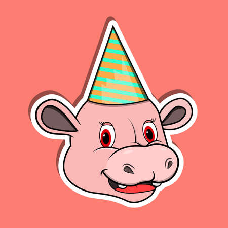 Animal Face Sticker With Hippopotamus Wearing Party Hat. Character Design. Vector and Illustrationのイラスト素材