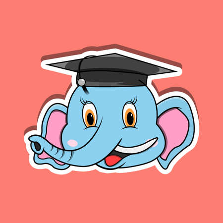 Animal Face Sticker With Elephant Wearing Graduate Hat. Character Design. Vector and Illustrationのイラスト素材