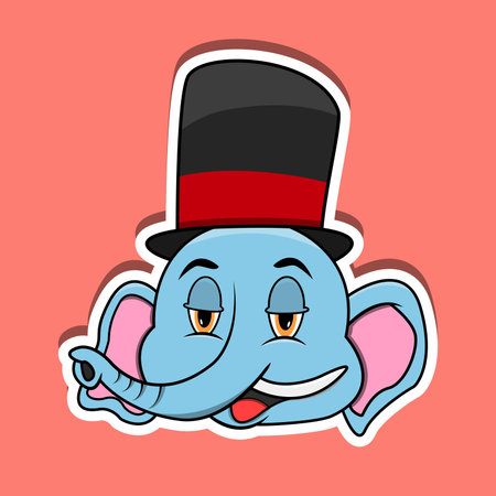 Animal Face Sticker With Elephant Wearing Circus Hat. Character Design. Vector and Illustrationのイラスト素材