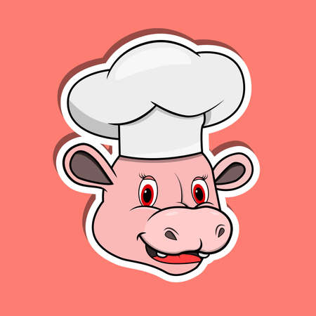 Animal Face Sticker With Hippopotamus Wearing Chef Hat. Character Design. Vector and Illustrationのイラスト素材