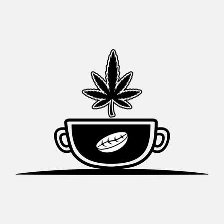Coffee Cup Logo Design Template With A Marijuana and Bean Coffee on Cup. Coffee Shop Label. Logo, Icon, and Label Design. Vector And Illustration.のイラスト素材