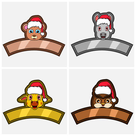 Set Cute Animals Head Character. For  Icon and label with Christmas Hat. Bear, Donkey, Giraffe and  Penguin. Vector And Illustration.のイラスト素材
