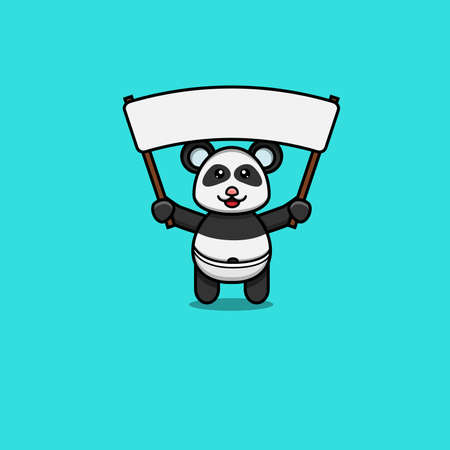 Cute Baby Panda Bring Big Blank Banner. Character, Logo, Icon And Inspiration Design. Vector And Illustration.のイラスト素材