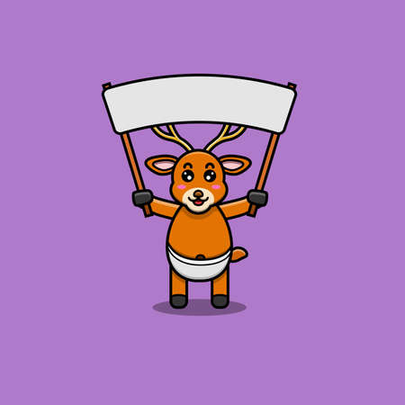 Cute Baby Deer Character With Blank Space Banner. Character, Mascot, Icon, and Cute Design. Vector and Illustration.のイラスト素材