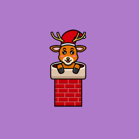 Cute Baby Santa Deer Character On House Chimney. Character, Mascot, Icon, and Cute Design. Vector and Illustration.のイラスト素材