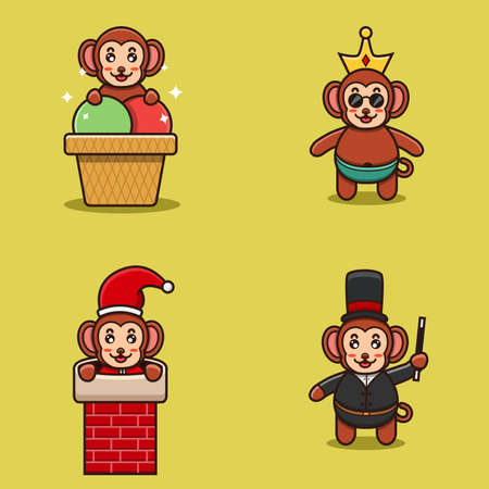 Set Of Cute Baby Monkey Character With Various Poses. On Ice Cream, Chinmey, Wearing Crown, and Magician costume. Vector and Illustration.のイラスト素材
