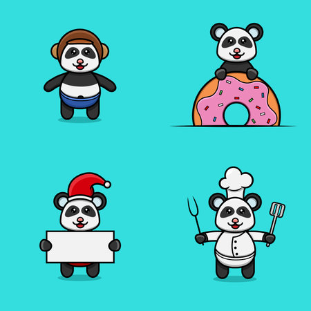 Set Of Cute Baby Panda Character With Various Poses. Wearing Helmet, on Donuts, christmas and chef. Vector and Illustration.のイラスト素材
