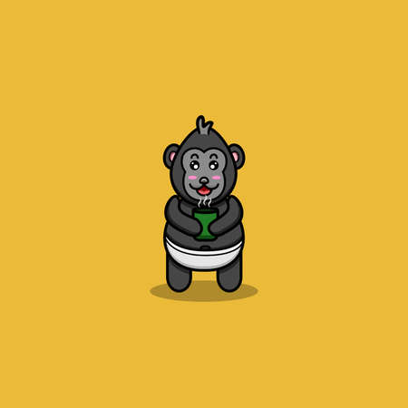 Cute Baby King Kong With Tea Cup. Character, Mascot, Icon, Logo, Cartoon and Cute Design. Vector and Illustration.のイラスト素材