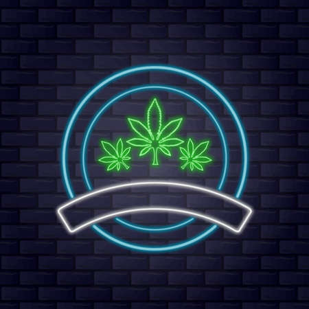 Circle Marijuana Logo With Neon Style.のイラスト素材